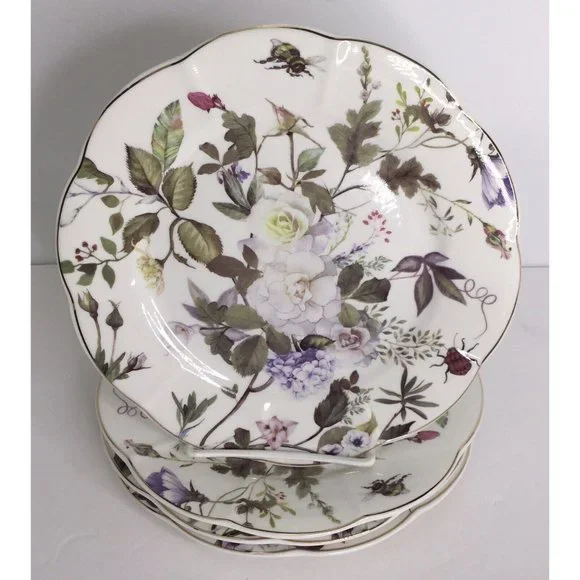 4 Salad Plates Stechcol Gracie Bone China Coastline WhitePurple7 1/2" New